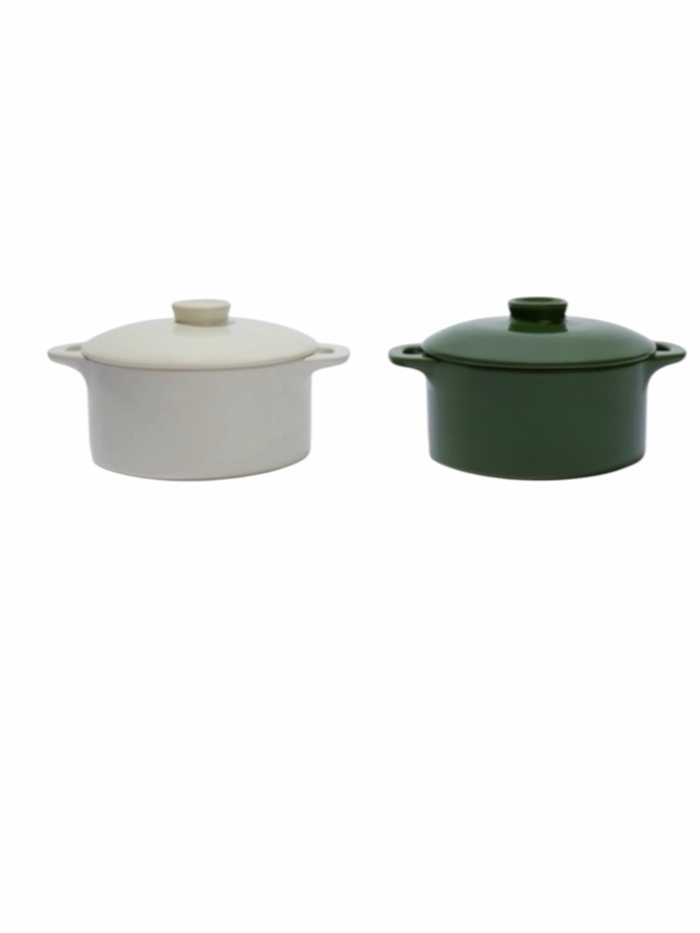 Mini Round Ceramic Cocotte Set Of Two: Green And White New In Box